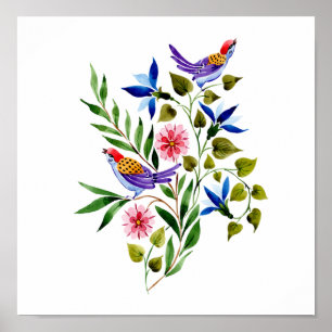 Affiche Oiseaux et fleurs Aquarelle Peinture