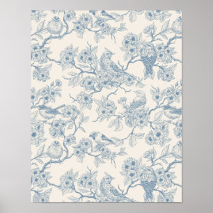 Affiche Oiseaux et fleurs de cerisier en bleu et blanc cas