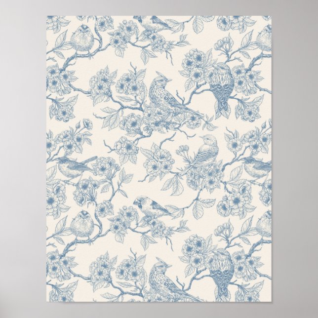 Affiche Oiseaux et fleurs de cerisier en bleu et blanc cas (Devant)