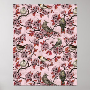 Affiche Oiseaux et fleurs de cerisier sur fond rose saumon