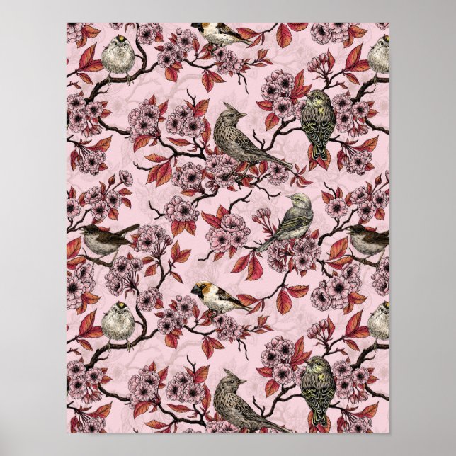Affiche Oiseaux et fleurs de cerisier sur fond rose saumon (Devant)