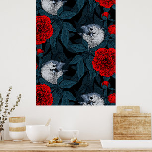 Affiche Oiseaux et fleurs de pivoines rouges avec feuilles