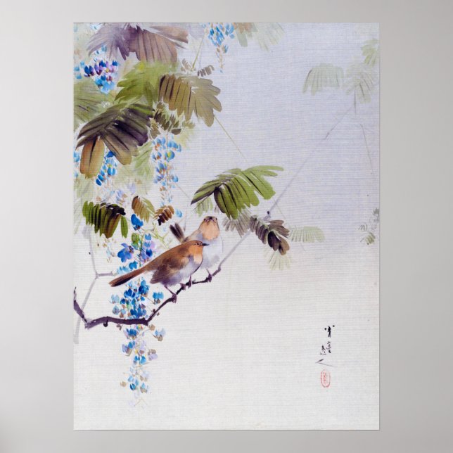 Affiche Oiseaux et Fleurs de Wisteria, Watanabe Seitei (Devant)