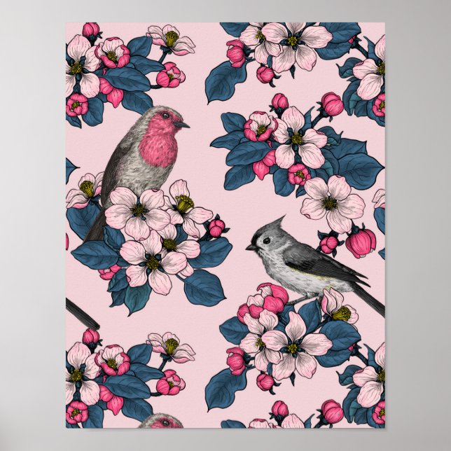 Affiche Oiseaux et fleurs roses (Devant)