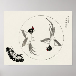 Affiche Oiseaux et papillon de Taguchi Tomoki (1860-1869)