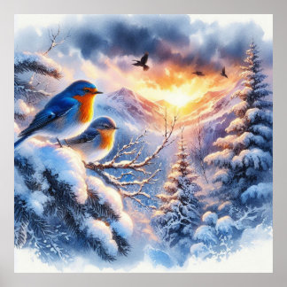 Affiche Oiseaux et paysage hivernal 14