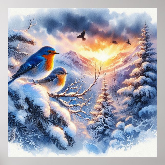 Affiche Oiseaux et paysage hivernal 14 (Devant)