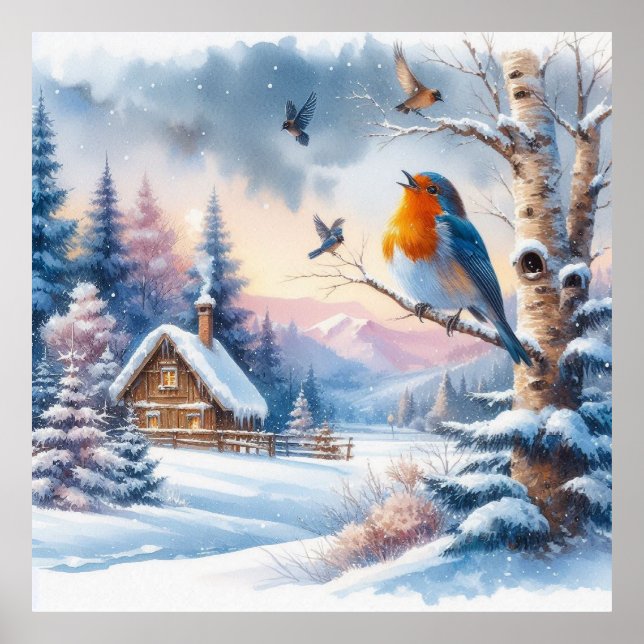 Affiche Oiseaux et paysage hivernal 24 (Devant)