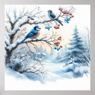 Affiche Oiseaux et paysage hivernal 34