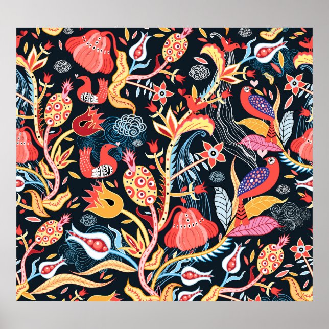 Affiche Oiseaux floraux foncés : Motif ornemental. (Devant)
