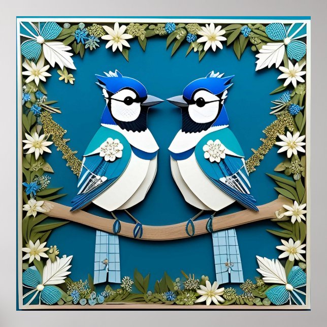 Affiche Oiseaux Geai Bleu en Papier Artisanal (Devant)