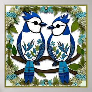 Affiche Oiseaux geai bleu en papier découpé