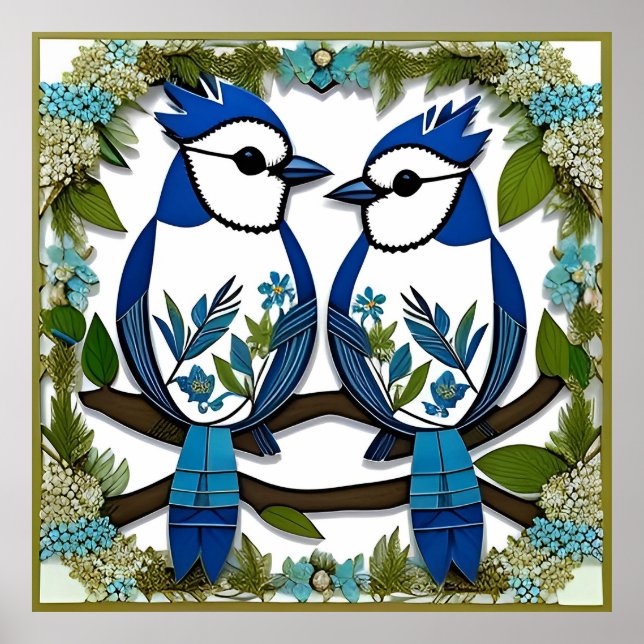 Affiche Oiseaux geai bleu en papier découpé (Devant)