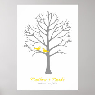 Affiche Oiseaux gris jaune Mariage d'arbre d'empreintes di