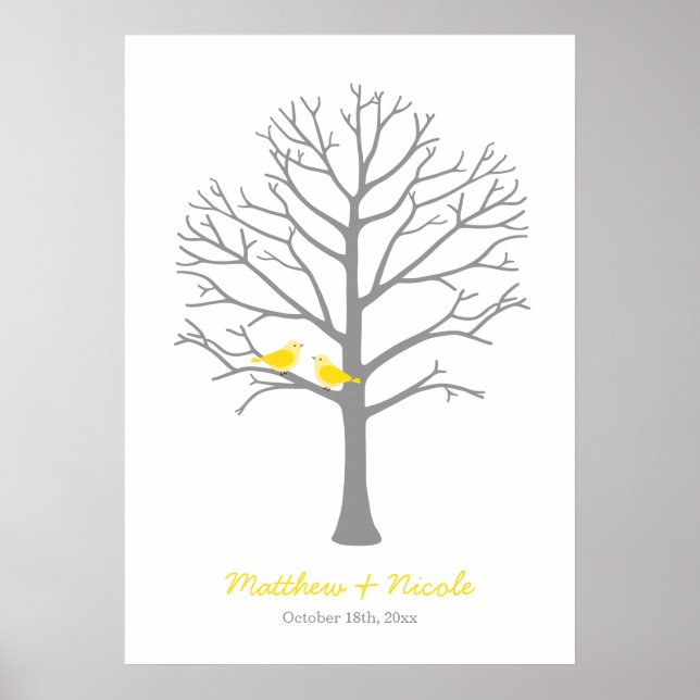 Affiche Oiseaux gris jaune Mariage d'arbre d'empreintes di (Devant)