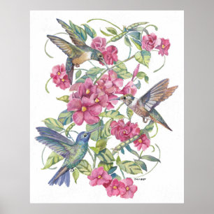 AFFICHE OISEAUX HUMIDES AUX FLEURS ROSES