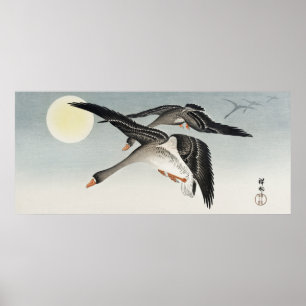 Affiche Oiseaux japonais vintages en Pleine lune par Ohara