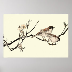 Affiche Oiseaux Japonais vintages Et Fleurs De Cerisiers