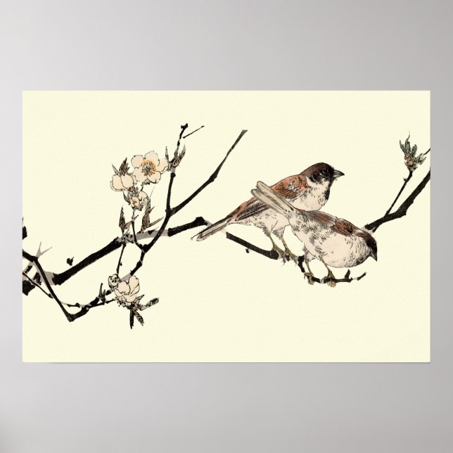 Affiche Oiseaux Japonais vintages Et Fleurs De Cerisiers (Devant)