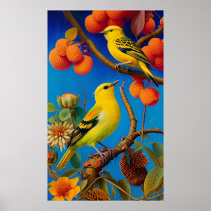 Affiche Oiseaux jaunes sur une branche d'arbre