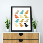 Affiche Oiseaux Mi-Siècle moderne coloré Rétro<br><div class="desc">Ce fabuleux art mural moderne du milieu du siècle présente des rangées d'oiseaux lumineux,  aux couleurs turquoise,  orange,  crème,  verte,  bronzée et noire. Cela fera un ajout coloré à votre décor maison!</div>