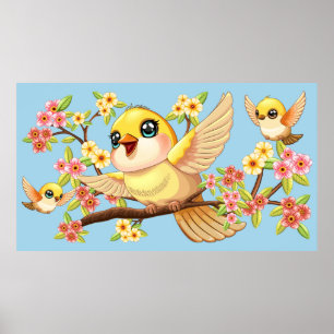 Affiche Oiseaux mignons et heureux parmi les fleurs du pri