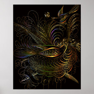 AFFICHE OISEAUX ORNEMENTAUX ART BOTANIQUE OR NOIR