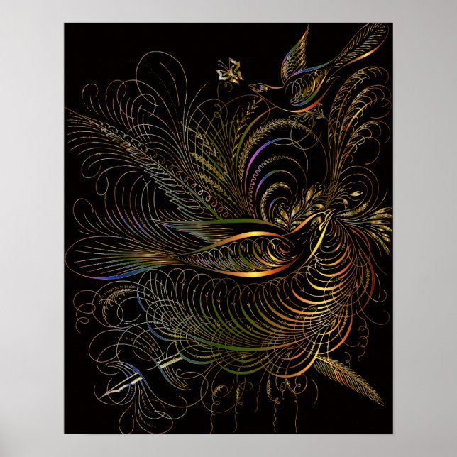 AFFICHE OISEAUX ORNEMENTAUX ART BOTANIQUE OR NOIR (Devant)