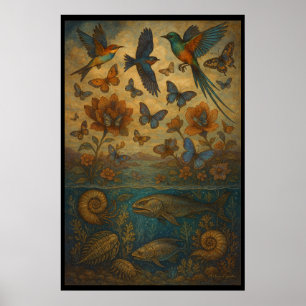 Affiche Oiseaux, papillons et vie marine