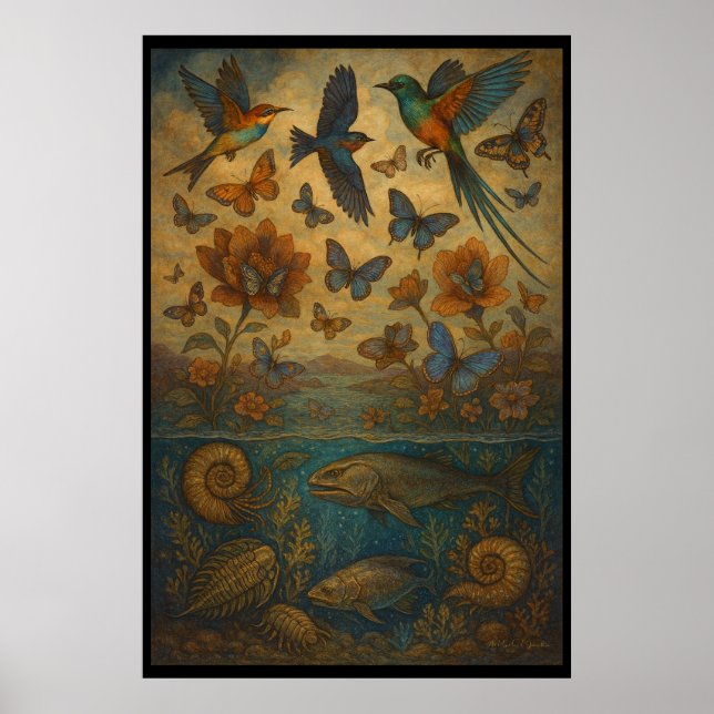 Affiche Oiseaux, papillons et vie marine (Devant)