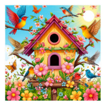 Oiseaux perché autour d'une maison d'oiseaux