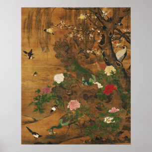 Affiche Oiseaux rassemblés sous le saule du printemps