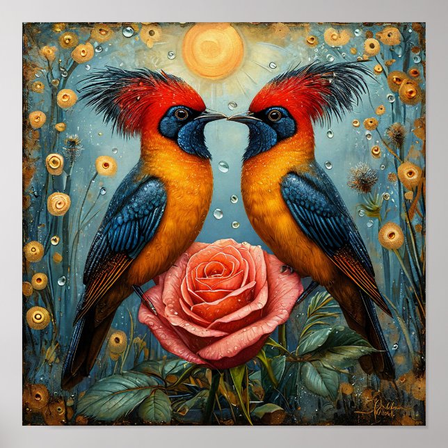 Affiche Oiseaux Romantiques Fantaisistes au-Dessus d'une R (Devant)