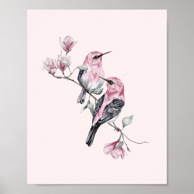 Affiche Oiseaux roses et noirs sur une branche d'arbre (Devant)