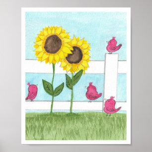 Affiche Oiseaux roses & tournesols