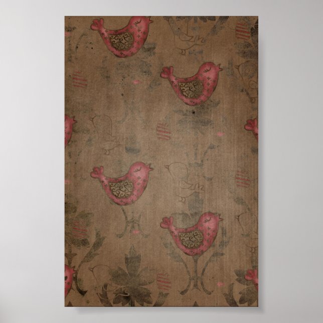Affiche Oiseaux rouges sur Arrière - plan rustique Brown (Devant)