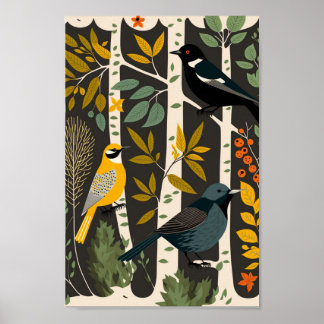 Affiche Oiseaux scandinaves danois Arbres Boho minimaliste