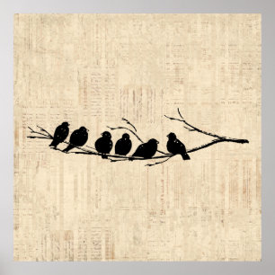 Affiche Oiseaux sur la branche des arbres Oiseaux Vintages