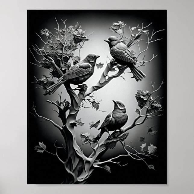 Affiche Oiseaux Sur Les Branches D'Arbre Oiseaux Noirs Et  (Devant)