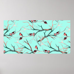 Affiche Oiseaux sur les branches de l'arbre aquarelle pein