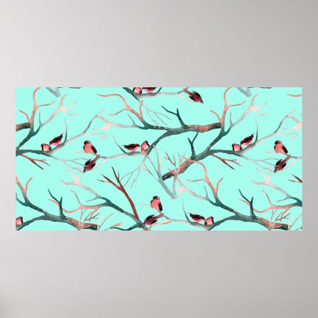Affiche Oiseaux sur les branches de l'arbre aquarelle pein (Devant)