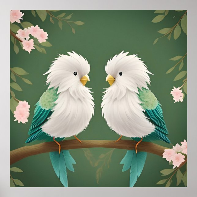 Affiche Oiseaux sur une branche de fleurs de cerisier (Devant)