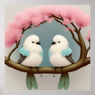 Affiche Oiseaux sur une branche de fleurs de cerisier
