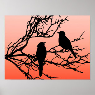 Affiche Oiseaux sur une branche, noire contre l'orange de