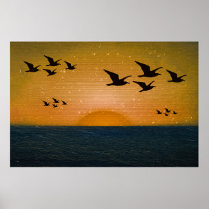 Affiche Oiseaux survolant le paysage marin du coucher du s