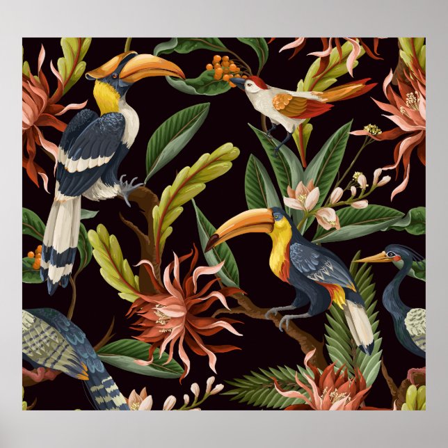 Affiche Oiseaux tropicaux : Feuilles Vintages & Fleurs (Devant)