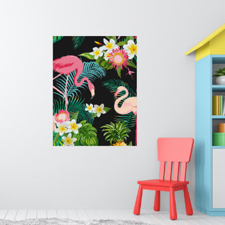 Affiche Oiseaux tropicaux Fleurs Flamant rose Paysage aqua
