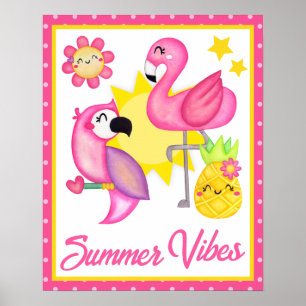 Affiche Oiseaux Tropicaux Rose et Jaune à l'aquarelle Été