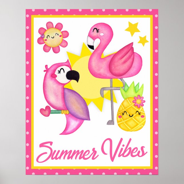 Affiche Oiseaux Tropicaux Rose et Jaune à l'aquarelle Été (Devant)