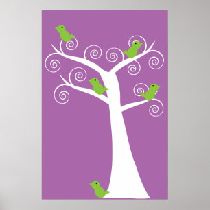 Affiche Oiseaux verts fantaisistes sur un arbre blanc - Ar